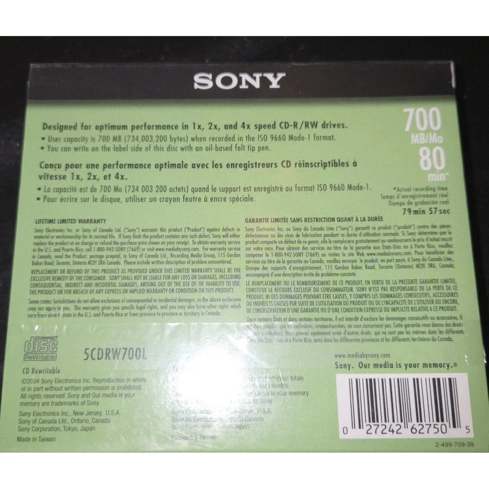 New & Sealed! Sony CD-RW 5 Pack‎ Blank Discs 700MB 80Min Rewritable 5CDRW700L